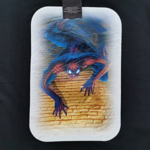 Pode incluir: Um gr&aacute;fico retangular do Homem-Aranha sobre um fundo preto. A imagem apresenta o Homem-Aranha numa pose din&acirc;mica contra uma parede de tijolos. O super-her&oacute;i &eacute; retratado no seu cl&aacute;ssico fato vermelho e azul.