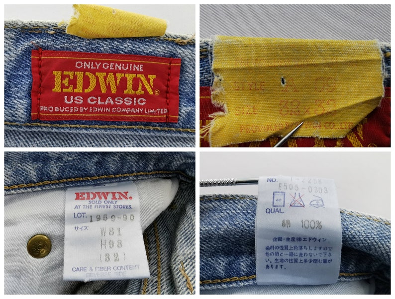 May include: Close-up of blue denim jeans with multiple tags. One tag reads "ONLY GENUINE EDWIN US CLASSIC." Another tag shows size W81, H98 (32). A third tag indicates the jeans are 100% cotton.