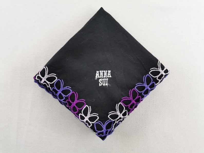 Anna Sui Cotton Handkerchief Multi-Color Vintage Designer Accessories Hand Roll Mini Scarf 17.5 X 18 image 1