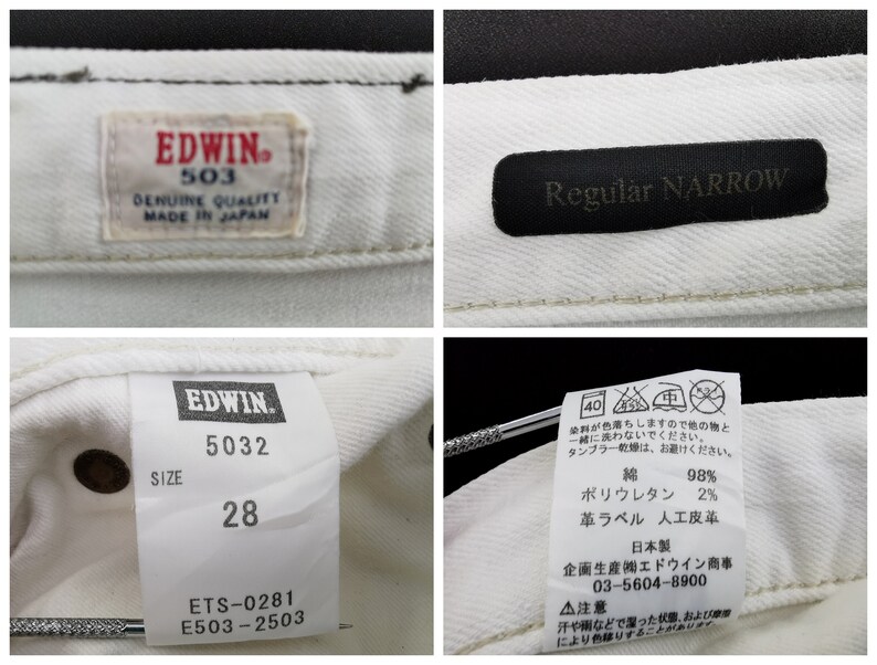 K&ouml;nnte beinhalten: Nahaufnahme einer wei&szlig;en Jeans mit mehreren Etiketten. Ein Etikett lautet "EDWIN 503 GENUINE QUALITY MADE IN JAPAN". Ein anderes Etikett besagt "Regular NARROW". Ein drittes Etikett zeigt die Gr&ouml;&szlig;e 28 an.
