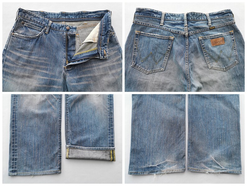 May include: Four-panel image of light blue denim jeans. The jeans are faded and worn, with a button and zipper closure. The back pockets have a classic design, and a leather patch with the brand name is visible. The bottom of the jeans are frayed.