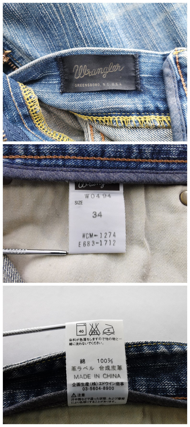 May include: Close-up of Wrangler denim jeans. The image shows the brand label, size 34, and care instructions. The jeans are made of 100% cotton.