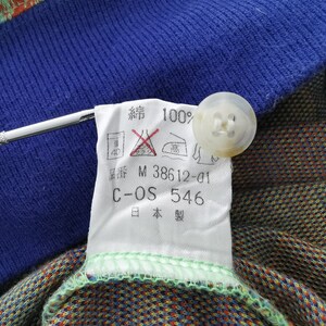 May include: Close-up of a blue knit fabric with a white tag and a button. The tag has Japanese text and symbols, including "綿100%" and care instructions. The button is off-white.