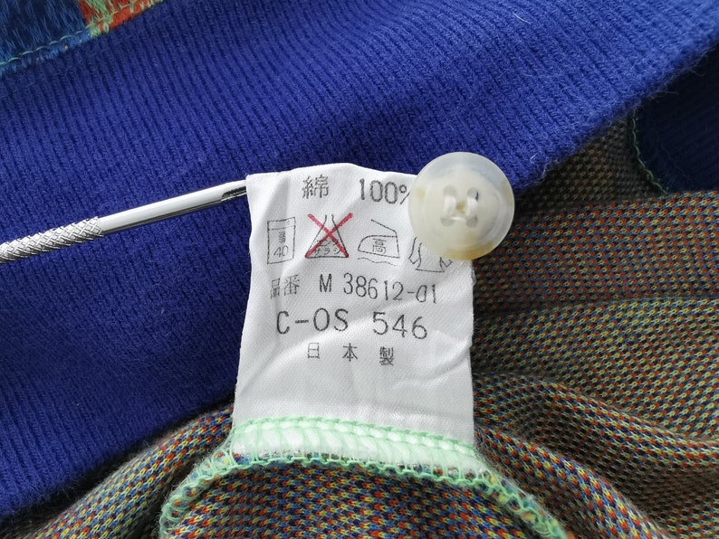 May include: Close-up of a blue knit fabric with a white tag and a button. The tag has Japanese text and symbols, including "綿100%" and care instructions. The button is off-white.