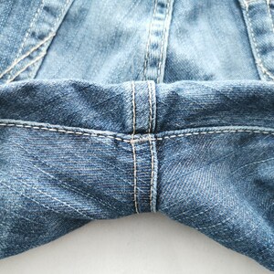 May include: Close-up of blue denim jeans, highlighting the stitching and fabric texture. The image focuses on the seams and construction of the garment, emphasizing the classic denim style.