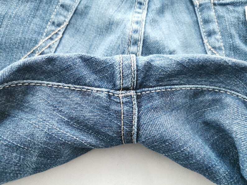 May include: Close-up of blue denim jeans, highlighting the stitching and fabric texture. The image focuses on the seams and construction of the garment, emphasizing the classic denim style.