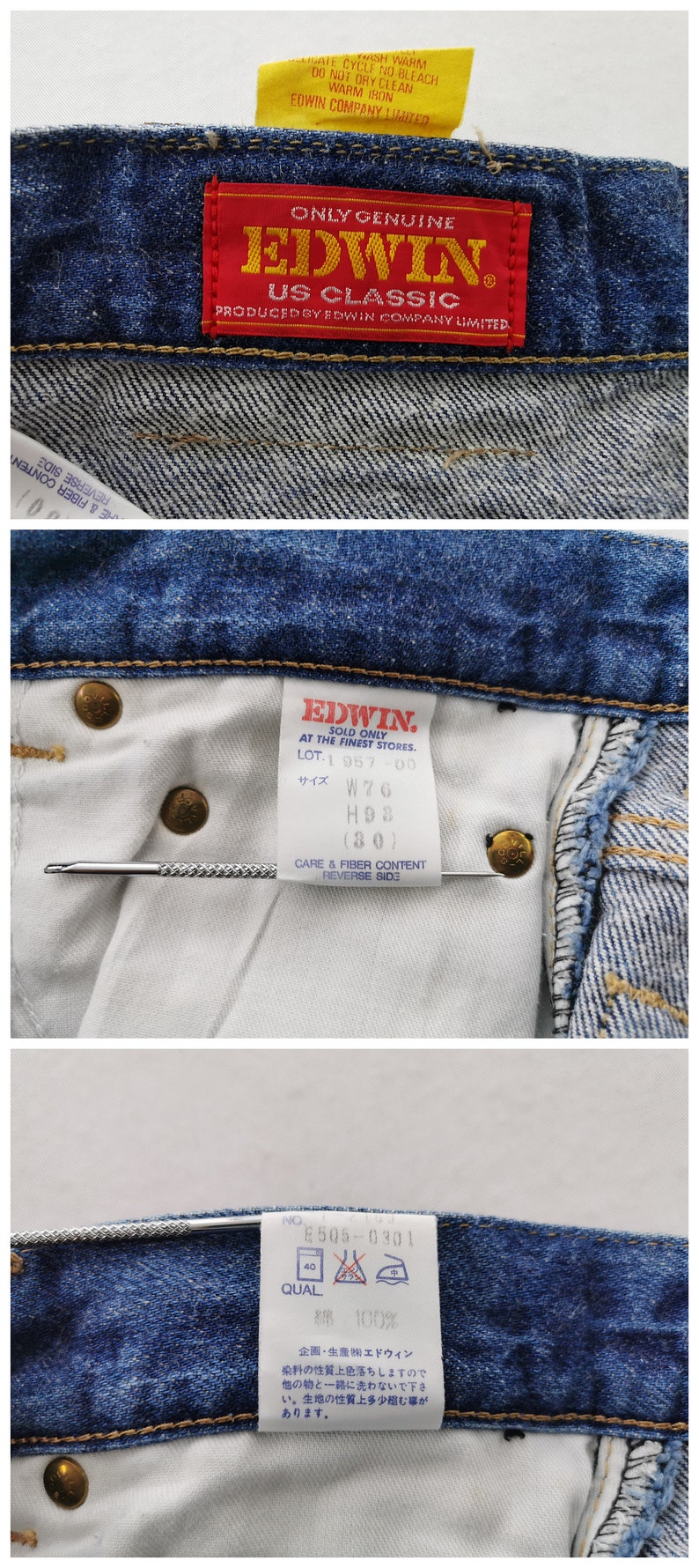 May include: Close-up of the waistband of blue denim jeans. The jeans feature multiple tags with text, including "EDWIN US CLASSIC" and care instructions. The jeans have brass-colored rivets and a classic design.