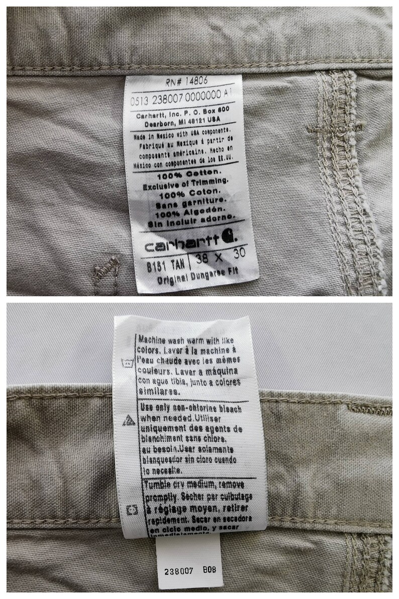May include: Close-up of Carhartt B151 TAN Original Dungaree Fit pants label. The label indicates the pants are 100% cotton, size 38 x 30, and made in Mexico with USA components. Washing instructions are also included.
