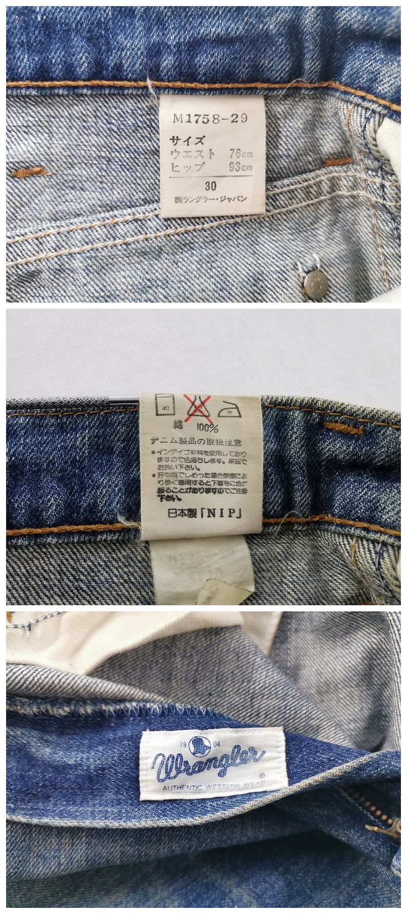K&ouml;nnte beinhalten: Nahaufnahme von Jeans aus Denim mit mehreren Etiketten. Ein Etikett zeigt die Ma&szlig;e: Taille 76 cm, H&uuml;fte 93 cm und Gr&ouml;&szlig;e 30. Ein weiteres Etikett weist auf 100 % Baumwolle und Pflegehinweise hin. Ein drittes Etikett zeigt das Wrangler-Logo.