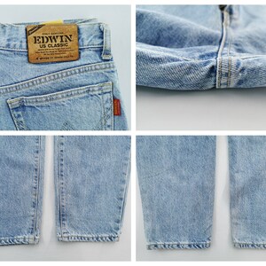 May include: Light blue denim jeans with a classic five-pocket design. The jeans feature a brown leather patch with the "EDWIN US CLASSIC" logo and a red tag. The close-up shots highlight the stitching and the denim's texture.