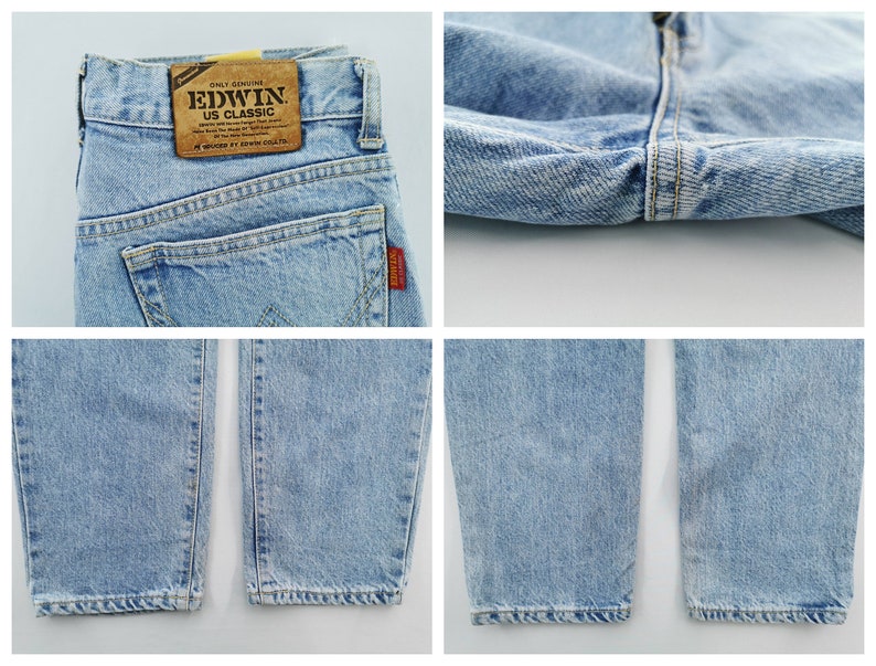 May include: Light blue denim jeans with a classic five-pocket design. The jeans feature a brown leather patch with the "EDWIN US CLASSIC" logo and a red tag. The close-up shots highlight the stitching and the denim's texture.
