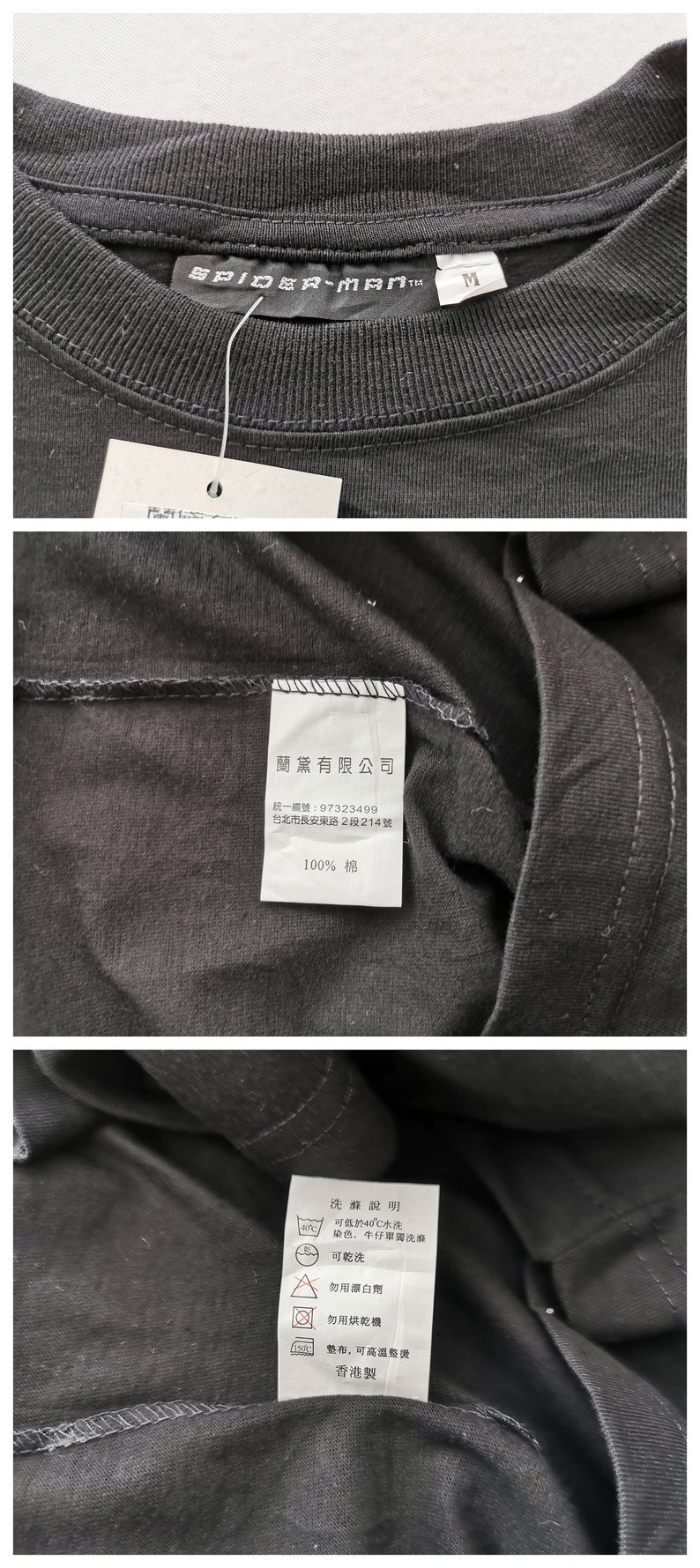 Pode incluir: Camiseta preta de gola redonda com o texto "SPIDER-MAN" na gola. A etiqueta mostra o tamanho "M". A camisa tem uma etiqueta com instru&ccedil;&otilde;es de lavagem e uma etiqueta com texto chin&ecirc;s.