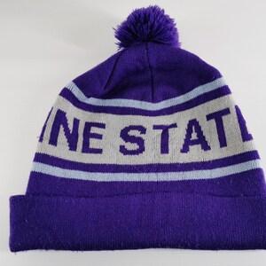 Puede incluir: Un gorro de punto morado con un pompón en la parte superior. El gorro presenta una banda horizontal ancha de color gris claro con el texto "INE STAT" en letras mayúsculas moradas. Tiene un dobladillo plegado en la base y tejido de punto.