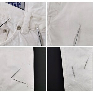 May include: Close-up shots of white denim jeans, showcasing details like pockets, rivets, and the waistband. The Edwin brand label is visible. The images highlight the texture and construction of the fabric, with a focus on the stitching and overall design.