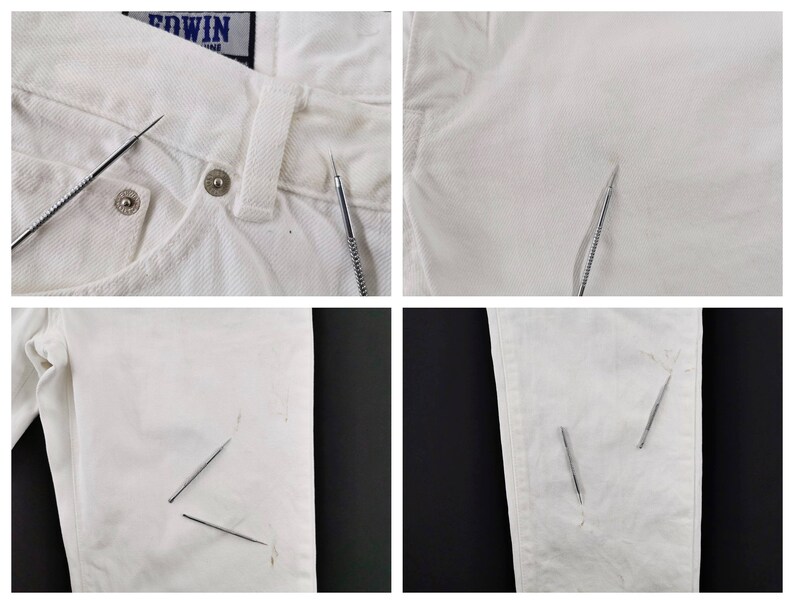 May include: Close-up shots of white denim jeans, showcasing details like pockets, rivets, and the waistband. The Edwin brand label is visible. The images highlight the texture and construction of the fabric, with a focus on the stitching and overall design.