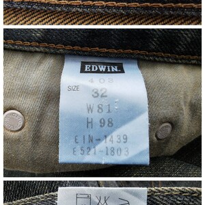 May include: Close-up of denim jeans labels. The top label reads "EDWIN INTERNATIONAL BASIC" in white on a blue background. The second label shows size 32, waist 81 cm, and hip 98 cm. The third label has washing instructions.