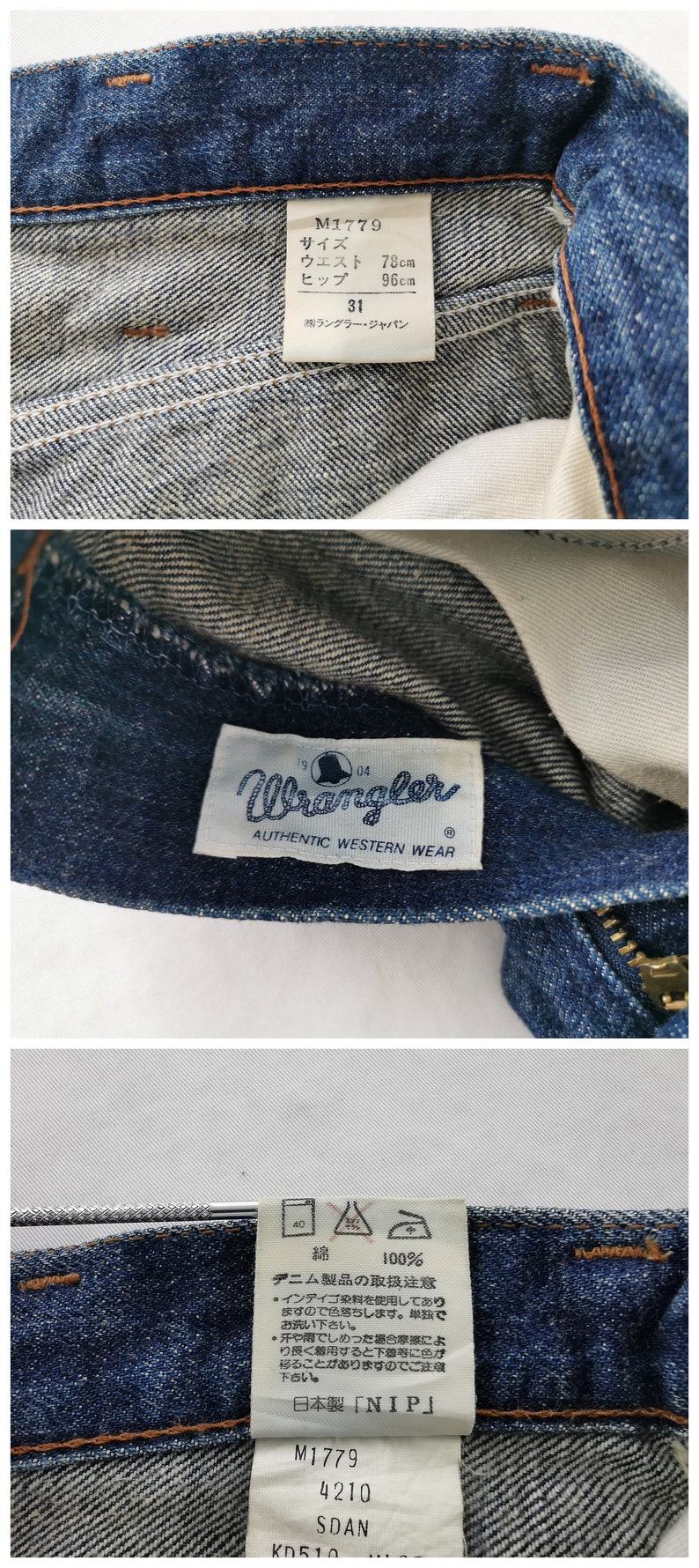 Peut inclure: Gros plan sur un jean en denim avec plusieurs &eacute;tiquettes. Une &eacute;tiquette indique les mesures : taille 78cm, hanches 96cm. Une autre &eacute;tiquette indique "Wrangler AUTHENTIC WESTERN WEAR". D'autres &eacute;tiquettes fournissent des instructions d'entretien.