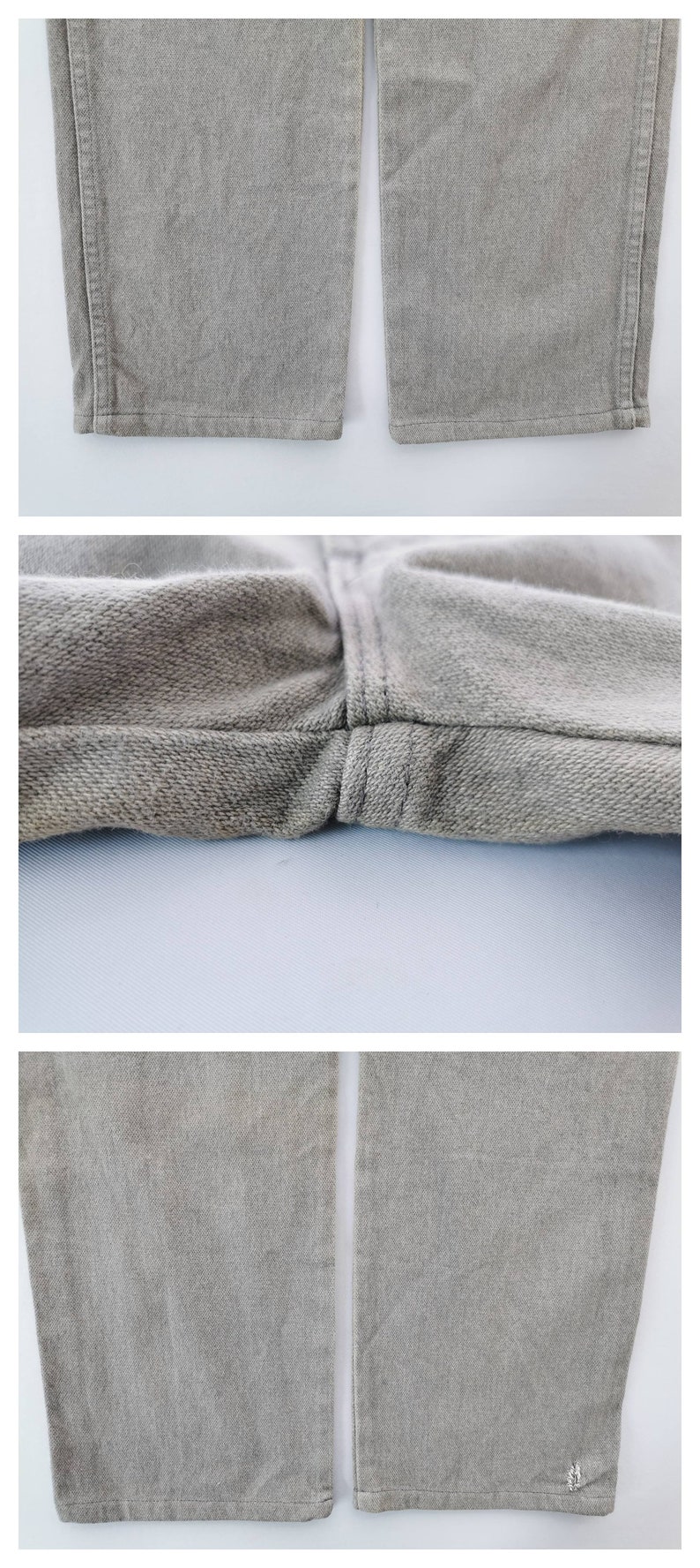 May include: Close-up shots of light brown pants. The images show details of the fabric, seams, and the bottom hem of the pants. The fabric appears to be a soft, woven material. One image shows a small tear near the hem.
