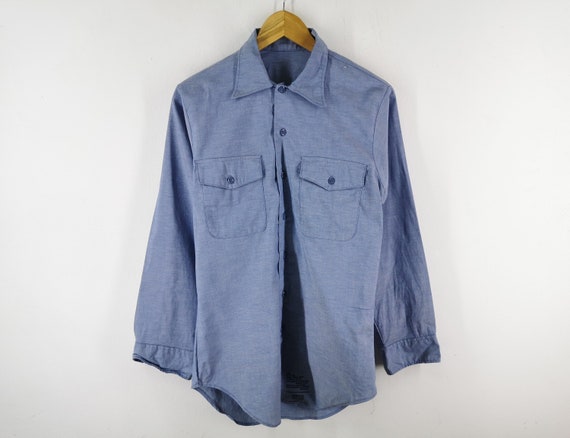 Chambray Shirt Vintage 80s Military Blue Chambray