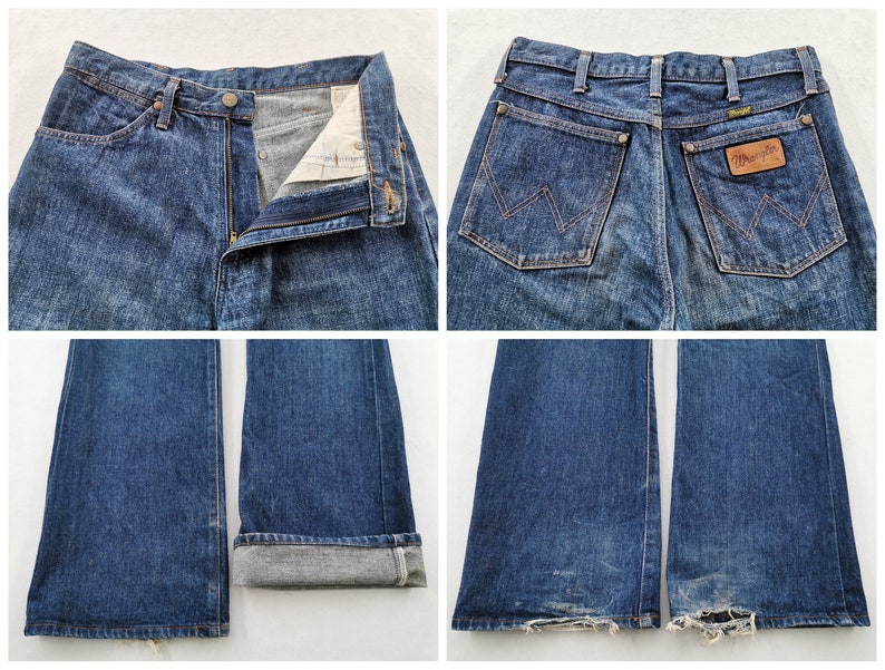 Peut inclure: Jeans Wrangler en denim bleu. Le jean a une fermeture boutonn&eacute;e et zipp&eacute;e, des poches avant et arri&egrave;re, et un patch Wrangler au dos. Le jean a une jambe &eacute;vas&eacute;e et est d&eacute;lav&eacute; &agrave; l'ourlet.