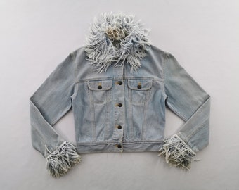 Moschino Jacket Distressed Vintage Moschino Denim Ruffle Jeans Jacket Made in Japan Size S