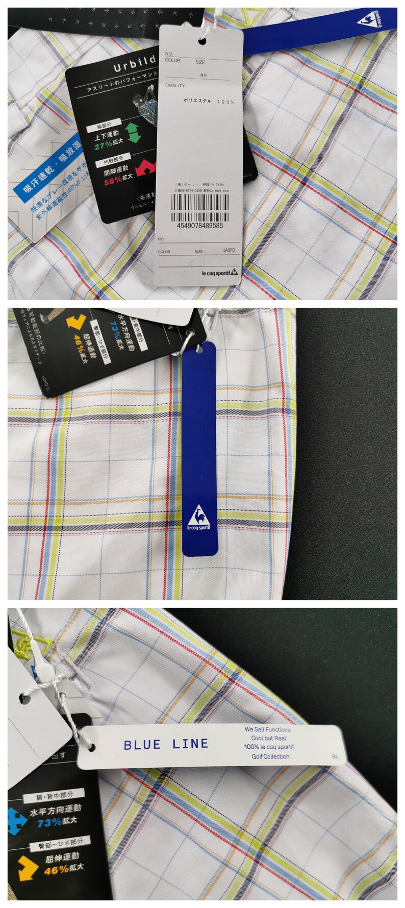 Op de afbeelding: Een wit golf shirt met een blauw, rood en geel ruitpatroon. Het shirt heeft een label met de tekst "Blue Line" en "We Sell Functions Cool but Real 100% le coq sportif Golf Collection".