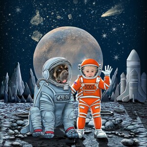 Kleiner Astronaut, personalisierte Kinder illustration, Personalisiertes Kinder- und HaustierePortrait, Kinderzimmer und Kinderzimmer Wandkunst, Druck