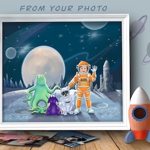 Ilustración infantil personalizada, arte de pared personalizado para habitación infantil, retrato de niños y mascotas, espacio, cohete, astronauta, impresión