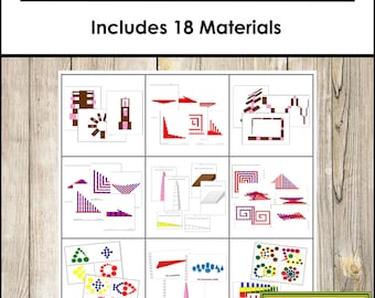 May include: A set of 18 printable Montessori Sensorial Extension materials. The image shows a variety of colorful geometric shapes and patterns, including red, blue, green, yellow, brown, and pink.