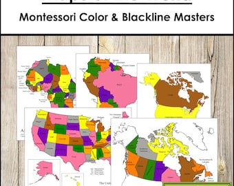 May include: A set of printable maps of the world for use in Montessori education. The maps include North America, South America, Africa, the United States, and Canada. The maps are color-coded and include blackline masters.