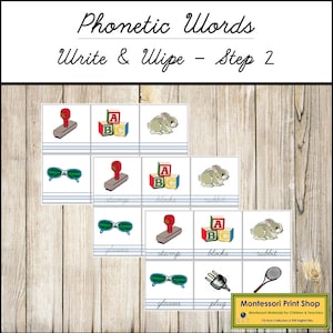 Conjunto de palabras fonéticas para escribir y borrar (cursiva) - Fonética - Lenguaje - Materiales Montessori imprimibles - Descarga digital