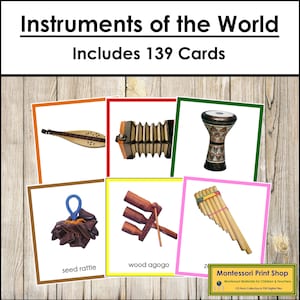 Ensemble d'instruments de musique du monde (code couleur) - géographie - cartes Montessori imprimables - téléchargement numérique