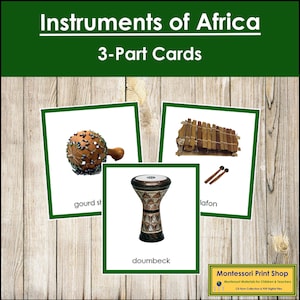 Instrumentos musicais da África (codificados por cores) - Cartões Montessori Continentais - Geografia - Cartões Montessori para impressão - Download digital