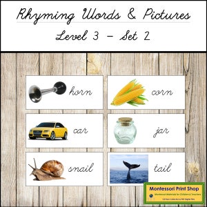 Palabras e imágenes que riman, nivel 3, conjunto 2 (cursiva) - Lenguaje Montessori - Materiales Montessori imprimibles - Descarga digital