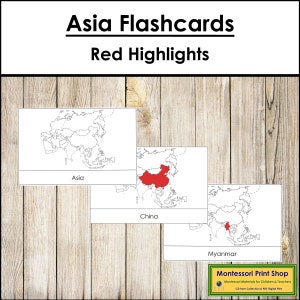 Asien Flashcards (Rot) - Geographie - Druckbare Montessori Materialien - Digitaler Download