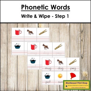 Palabras fonéticas: Escribir y borrar - Conjunto 1 - Fonética - Lenguaje - Materiales Montessori imprimibles - Descarga digital