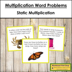 Multiplication Word Problems Set 1 [Static Multiplication, color-coded] - Math Operations - Primary Montessori (Digital Download)