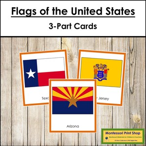 Bandeiras dos Estados Unidos da América (codificadas por cores) - Cartões Montessori Continentais - Geografia - Cartões Montessori para Imprimir - Download Digital