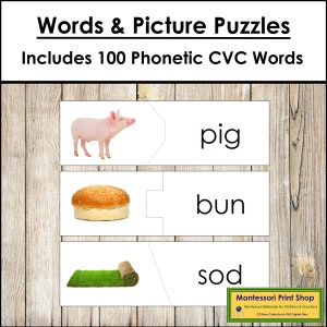 Mots phonétiques et puzzles d'images (niveau 1) - Langue Montessori - Matériel Montessori imprimable - Téléchargement numérique