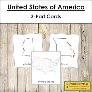 Stati degli USA Schede in 3 parti - Geografia Montessori - Materiali Montessori stampabili - Download digitale