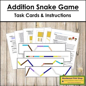 Tarjetas de tareas e instrucciones para el juego de la serpiente de suma - Matemáticas de primaria - Tarjetas Montessori imprimibles - Descarga digital