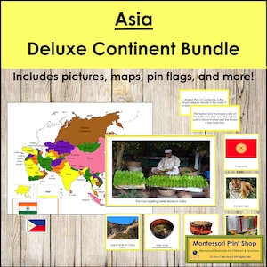 Asia Deluxe Continent Bundle (farbunterlegt) - Geographie - Printable Montessori Karten - Digitaler Download
