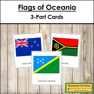 Bandiere dell'Oceania - Carte Montessori sui continenti - Geografia - Carte Montessori stampabili - Download digitale