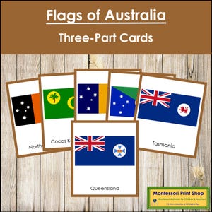 Montessori Flags of Australia 3-Part Cards [color-coded] - Geography Continent Cards (Digital Download)