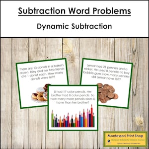 Subtraction Word Problems Set 2 [Dynamic Subtraction, color-coded] - Math Operations - Primary Montessori (Digital Download)