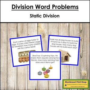 Problemas de división (codificados por colores) - Operaciones matemáticas - Tarjetas Montessori imprimibles - Descarga digital