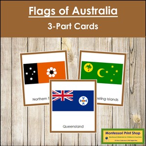 Bandeiras da Austrália (codificadas por cores) - Cartões Montessori Continentais - Geografia - Cartões Montessori para Imprimir - Download Digital