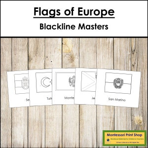 Banderas de Europa (Maestros de línea negra) - Tarjetas Montessori de los continentes - Geografía - Tarjetas Montessori imprimibles - Descarga digital