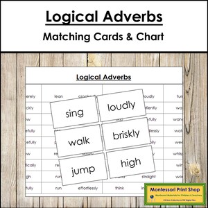 Cartes d'association d'adverbes logiques - Grammaire Montessori - Matériaux Montessori imprimables - Téléchargement numérique