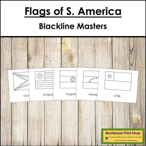 Drapeaux de l'Amérique du Sud Blackline Masters - Cartes Montessori Continent - Géographie - Cartes Montessori imprimables - Téléchargement numérique